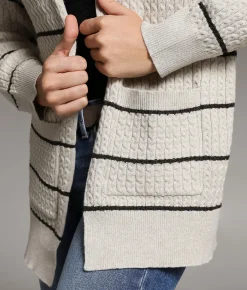 BKE Cable Striped Cardigan Sweater Beige Charcoal Outlet
