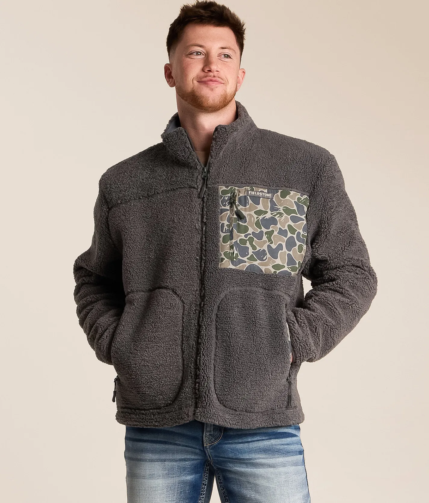 Tops|Coats & Jackets | Fieldstone Camo Sherpa Jacket Grey