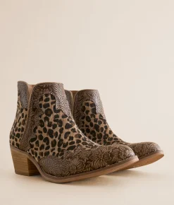 Very G Carly Leopard Floral Ankle Boot Tan Leopard New