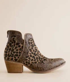 Very G Carly Leopard Floral Ankle Boot Tan Leopard New