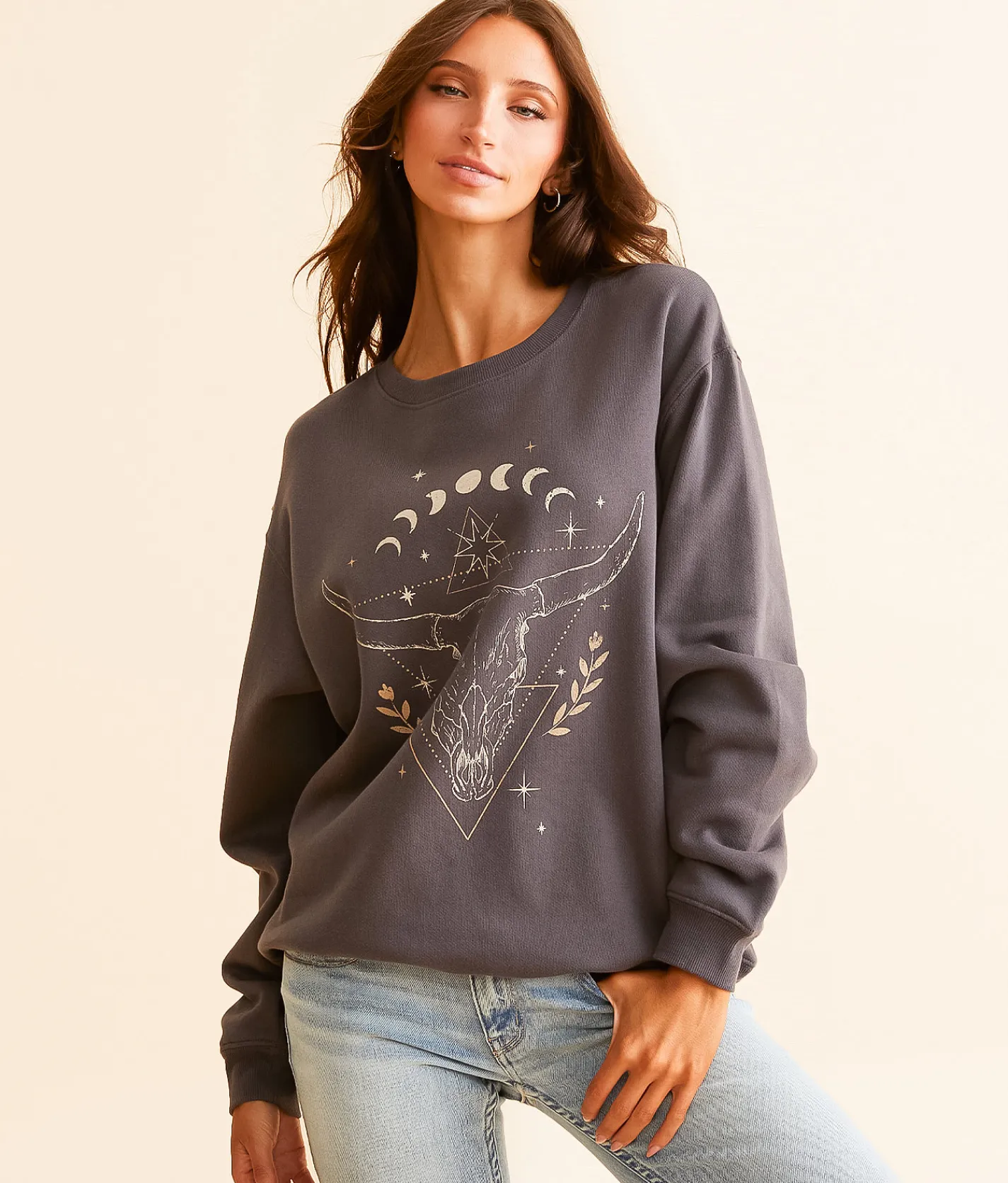 Modish Rebel Celestial Steer Head Pullover Washed Grey Online