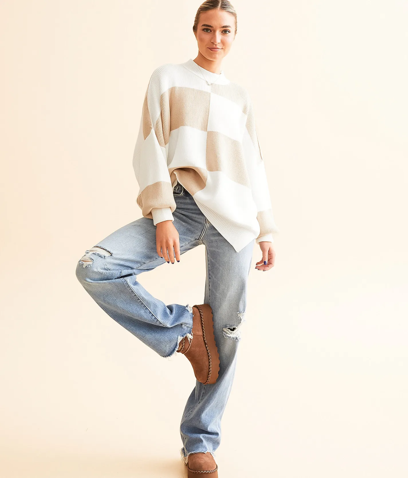 Tops | Free People Checker Easy Street Tunic Sweater Blueprint Combo