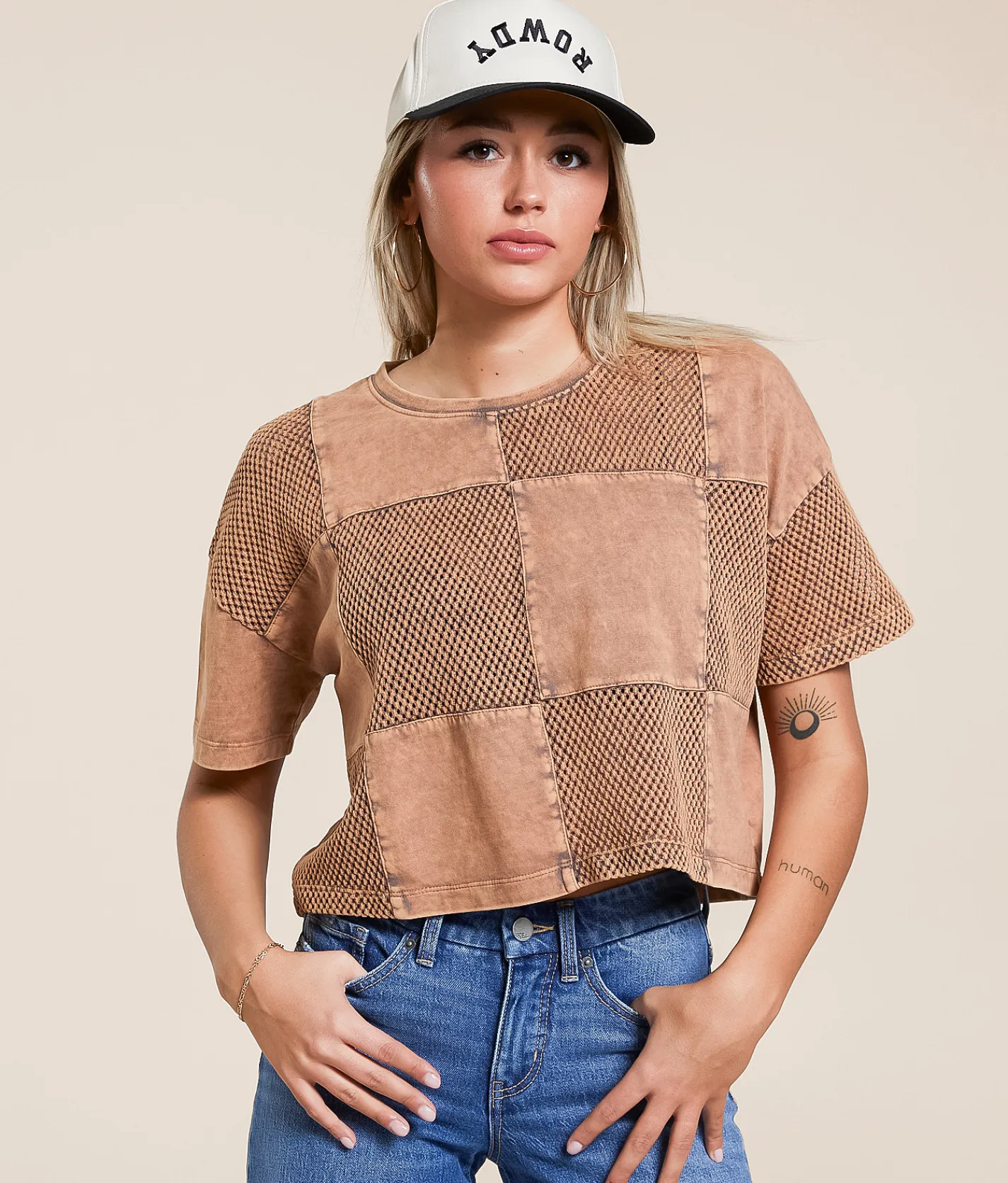 Tops | Gilded Intent Checkered Boxy Cropped T-Shirt Washed Brown