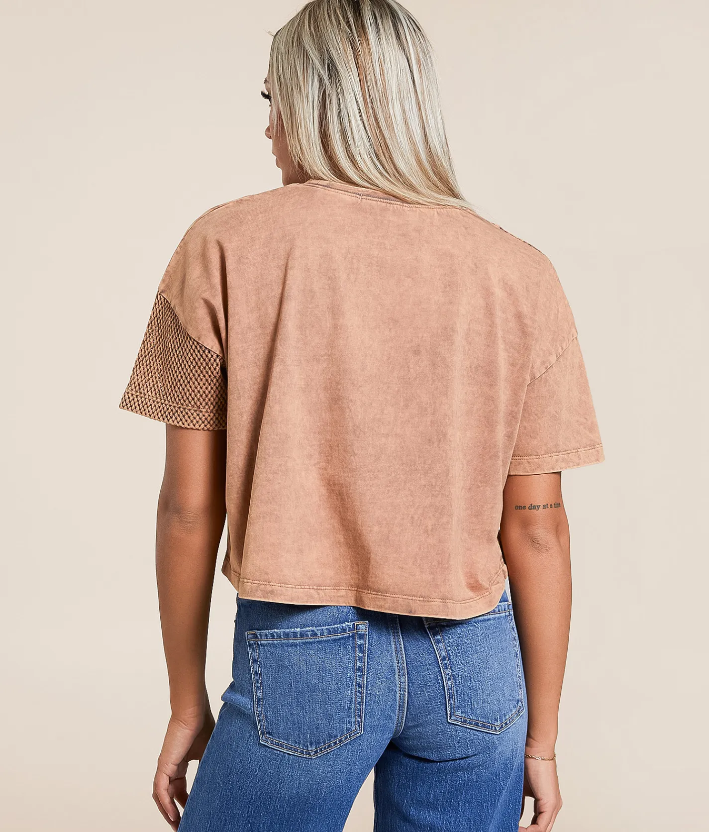 Tops | Gilded Intent Checkered Boxy Cropped T-Shirt Washed Brown