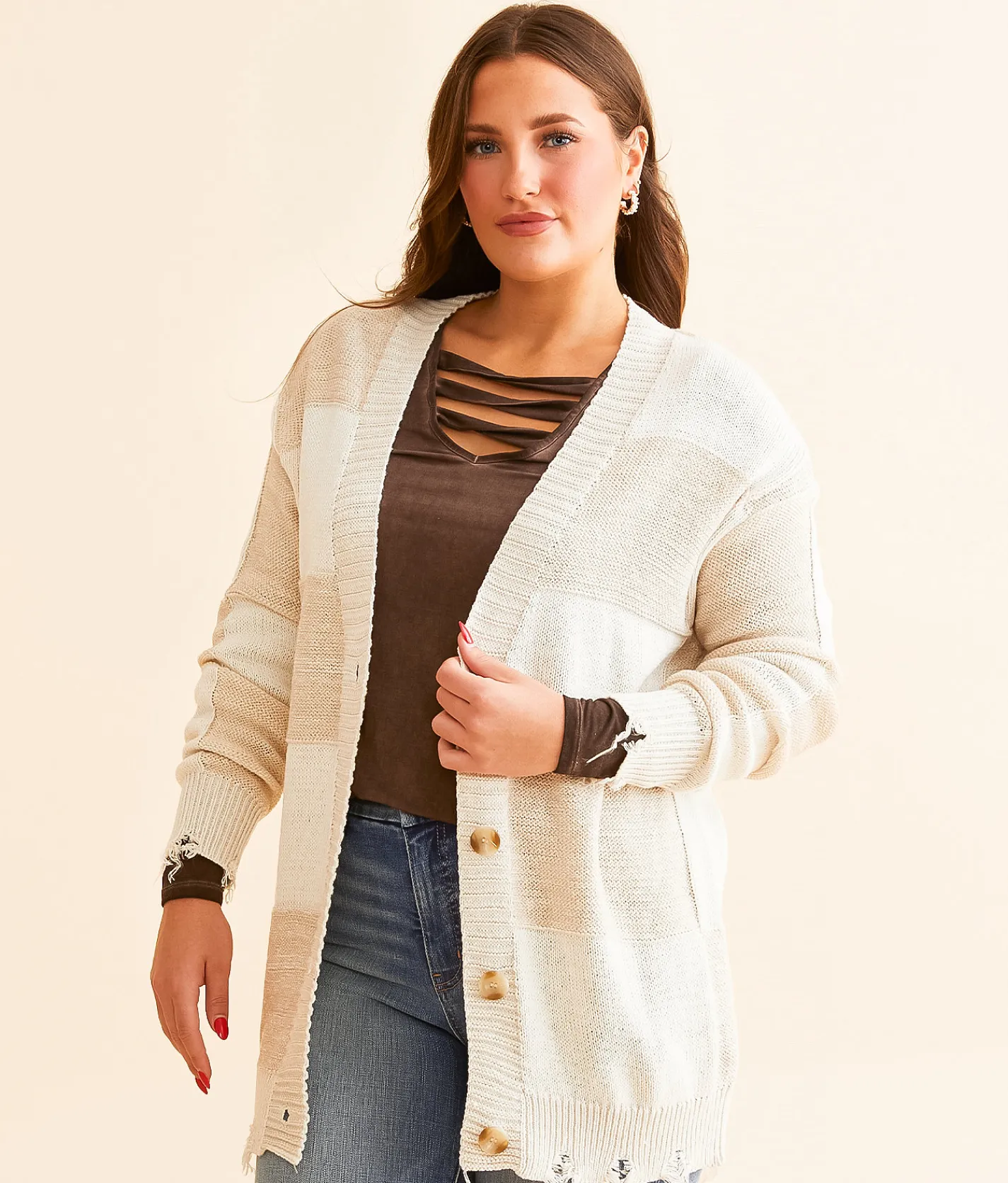 BKE Checkered Cardigan Sweater Olive Sale