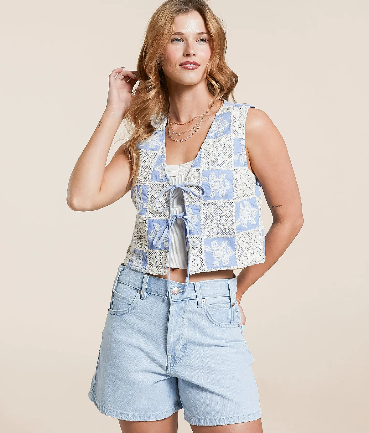 Tops|Coats & Jackets | idem ditto® Checkered Crochet Vest Black Cream