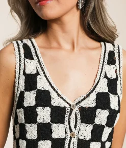 Tops|Coats & Jackets | Emory Park Checkered Crochet Vest Black Cream