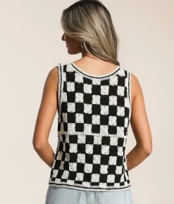 Tops|Coats & Jackets | Emory Park Checkered Crochet Vest Black Cream
