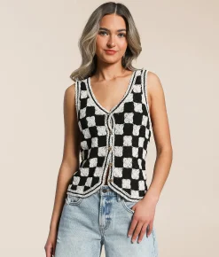 Tops|Coats & Jackets | Emory Park Checkered Crochet Vest Black Cream