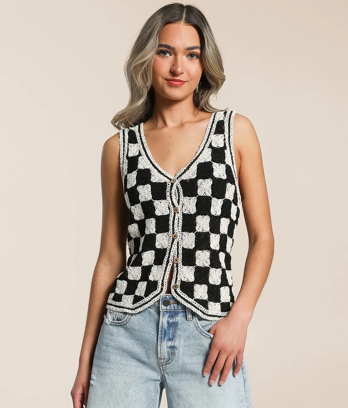 Tops|Coats & Jackets | Emory Park Checkered Crochet Vest Black Cream