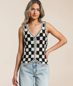 Tops|Coats & Jackets | Emory Park Checkered Crochet Vest Black Cream