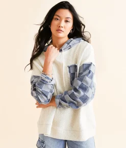 Tops | BiBi Checkered Denim Hooded Sweatshirt Ivory Denim