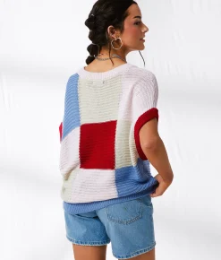 Tops | 33 Coastal Checkered Dolman Cropped Sweater Blue Pink Multi