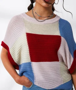 Tops | 33 Coastal Checkered Dolman Cropped Sweater Blue Pink Multi