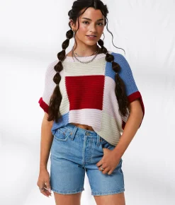 Tops | 33 Coastal Checkered Dolman Cropped Sweater Blue Pink Multi