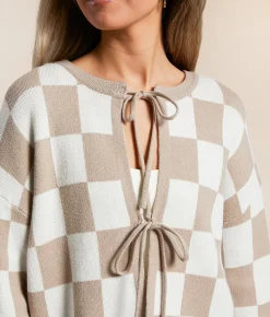 Tops | Willow & Root Checkered Front Tie Cardigan Sweater Cream Taupe