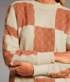 BKE Checkered Knit Sweater Sable Dune Cream Best