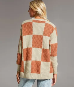 BKE Checkered Knit Sweater Sable Dune Cream Best