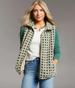 BKE Checkered Sherpa Vest Olive Taupe Outlet