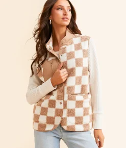 Tops|Coats & Jackets | Blu Pepper Checkered Sherpa Vest Brown Cream