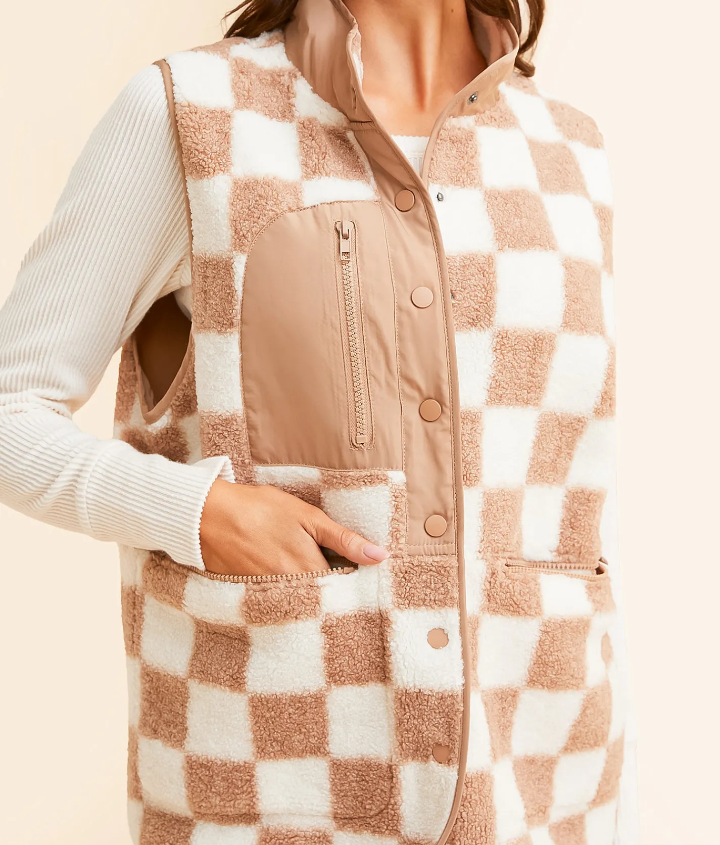 Tops|Coats & Jackets | Blu Pepper Checkered Sherpa Vest Brown Cream