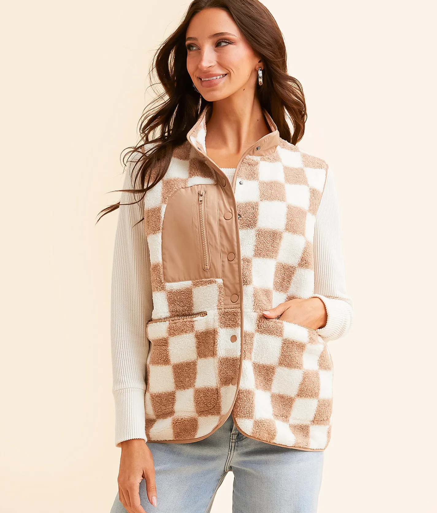 Tops|Coats & Jackets | Blu Pepper Checkered Sherpa Vest Brown Cream