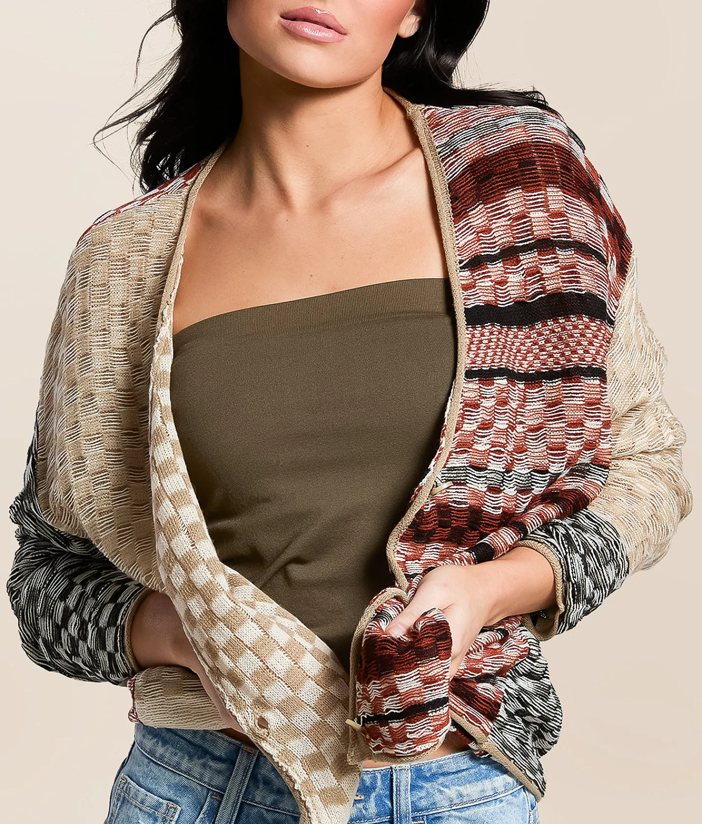 Tops | Gilded Intent Checkered Stitch Cardigan Sweater Multi