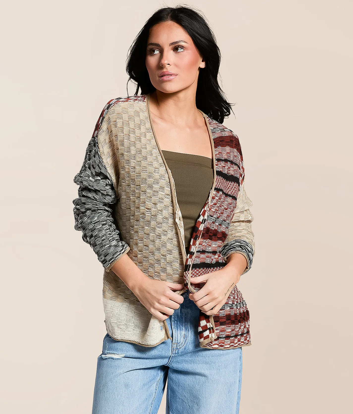 Tops | Gilded Intent Checkered Stitch Cardigan Sweater Multi