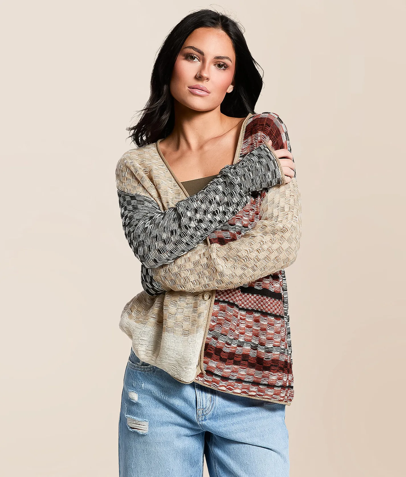 Tops | Gilded Intent Checkered Stitch Cardigan Sweater Multi
