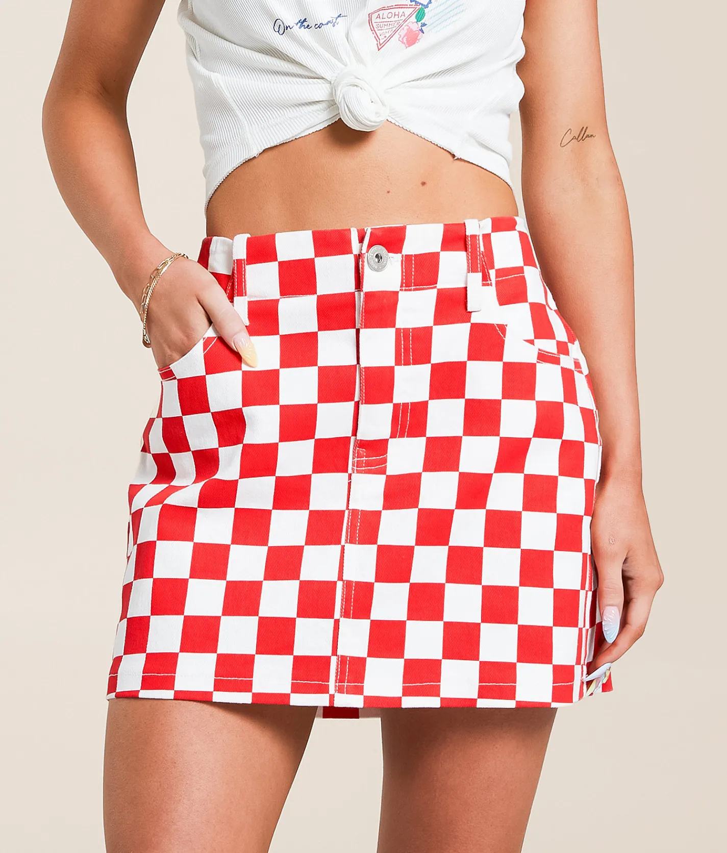 Bottoms | Modish Rebel Checke Stretch Mini Skirt Red