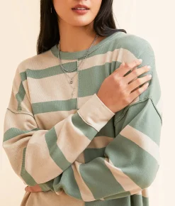 BKE Checkered Tunic Pullover Green Cream Stripe Hot