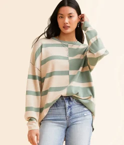 BKE Checkered Tunic Pullover Green Cream Stripe Hot