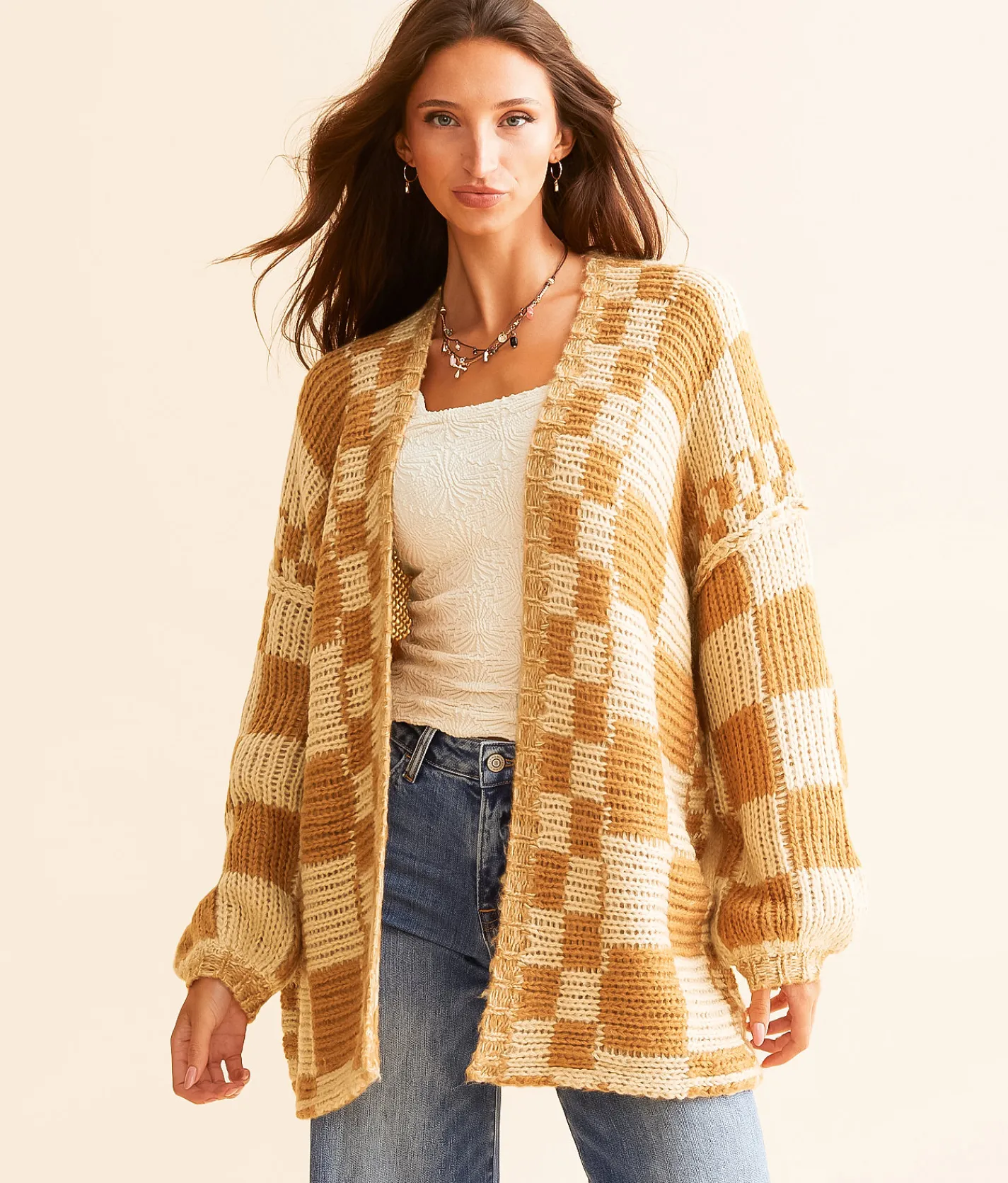 Tops | BKE Checker Oversized Cardigan Sweater Brown Combo