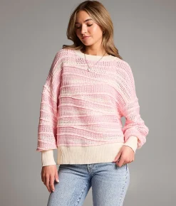 BKE Checker Striped Sweater Pink Best