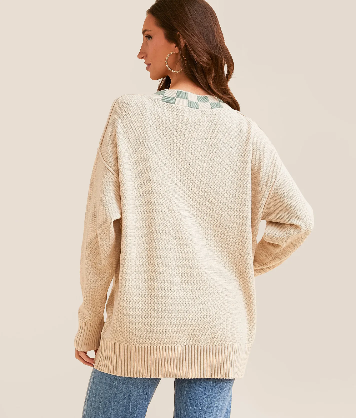 Tops | BKE Checker Trim Cardigan Sweater Cream Grn