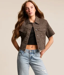 Tops | HIDDEN Cheetah Denim Cropped Shirt Brown Cheetah