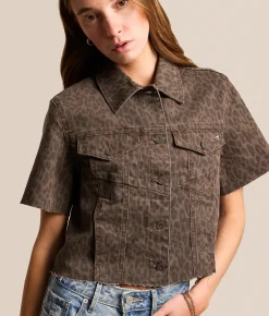 Tops | HIDDEN Cheetah Denim Cropped Shirt Brown Cheetah