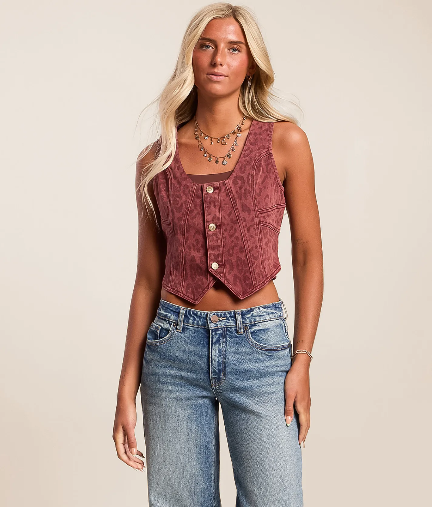 Willow & Root Cheetah Denim Stretch Vest Burgundy Discount