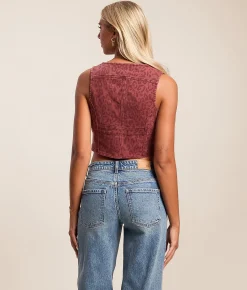 Willow & Root Cheetah Denim Stretch Vest Burgundy Discount