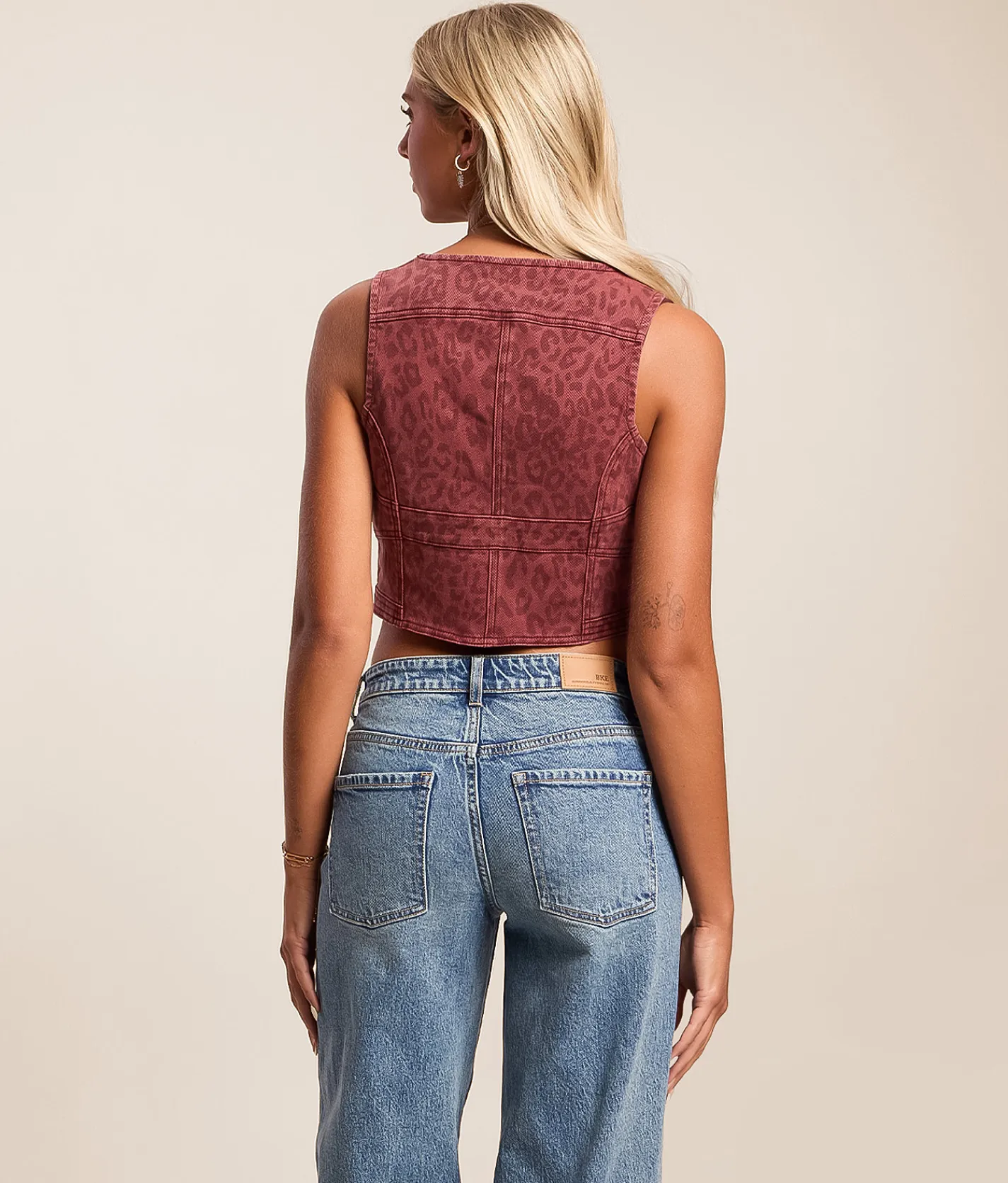Willow & Root Cheetah Denim Stretch Vest Burgundy Discount