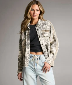 BKE Cheetah Print Denim Jacket Cream Olive Outlet
