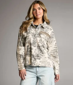 BKE Cheetah Print Denim Jacket Cream Olive Outlet