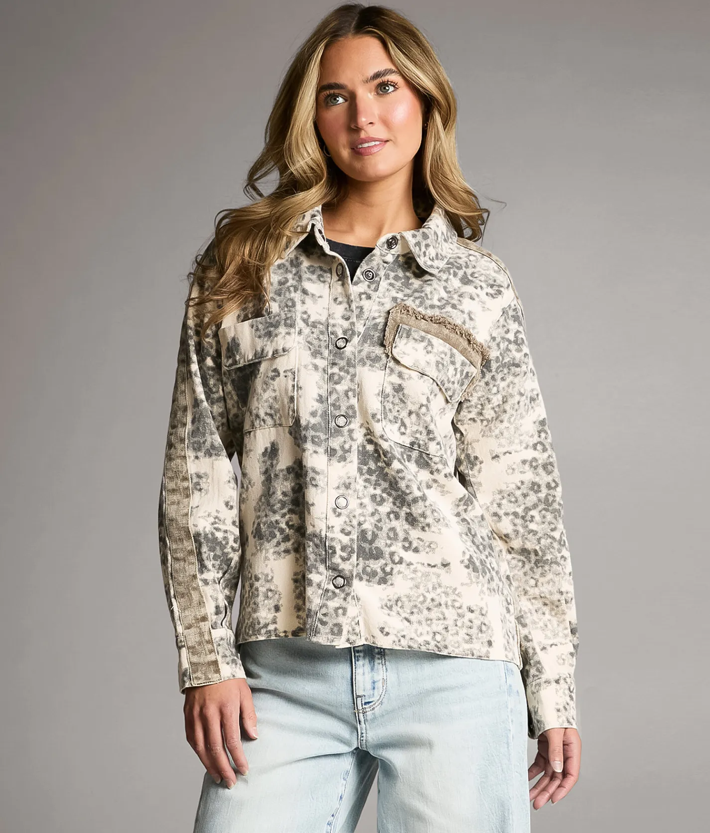 BKE Cheetah Print Denim Jacket Cream Olive Outlet