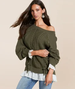 Miss Me Chiffon Trim Lace-Up Sweater Olive Green Sale