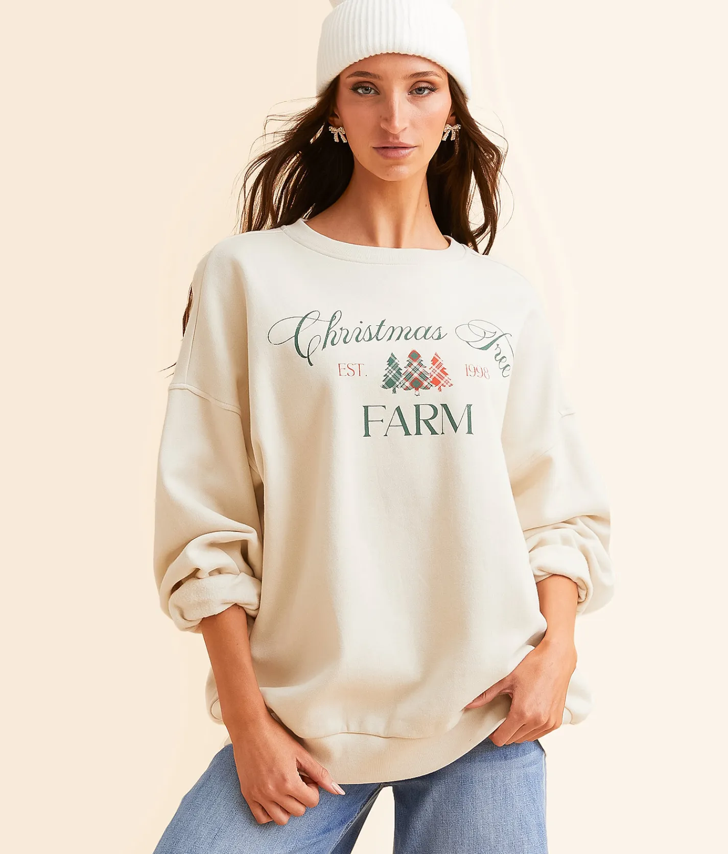Tops | Modish Rebel Christmas Tree Farm Oversized Pullover White