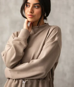Buckle Black Cinched Waist Pullover Taupe Sale