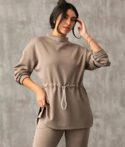 Buckle Black Cinched Waist Pullover Taupe Sale