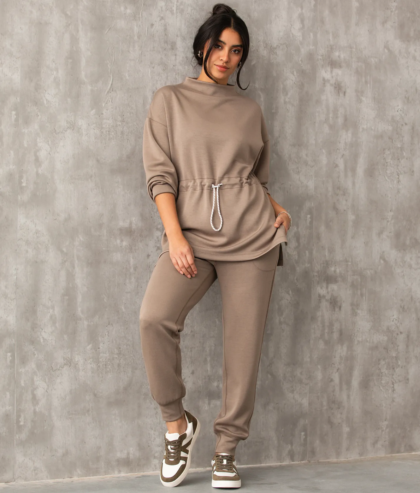 Buckle Black Cinched Waist Pullover Taupe Sale