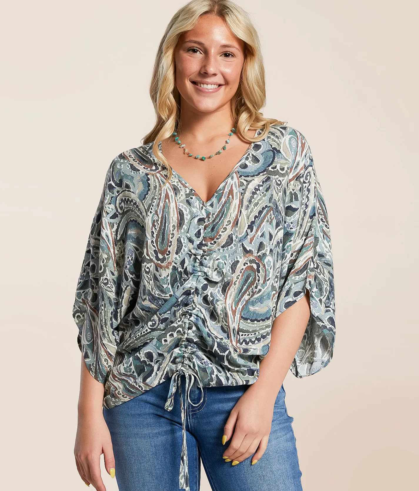 Daytrip Cinch Tie Dolman Top Blue Multi Discount
