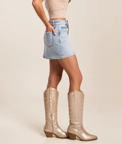 VERVET by Flying Monkey Claudia Mini Denim Stretch Skirt Shiny Snow Online